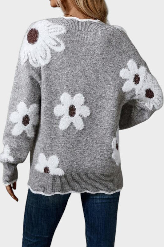 Thea | Grey Daisy Knit Jumper