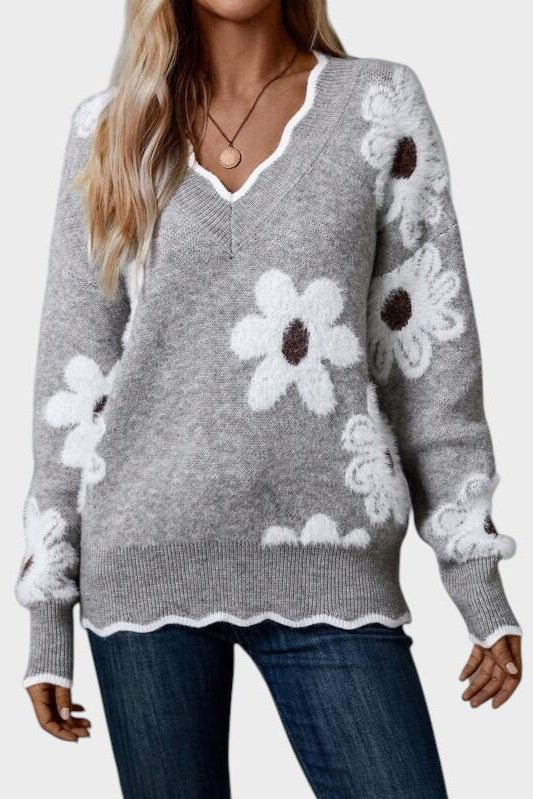 Thea | Grey Daisy Knit Jumper