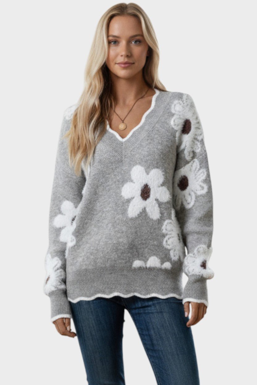 Thea | Grey Daisy Knit Jumper