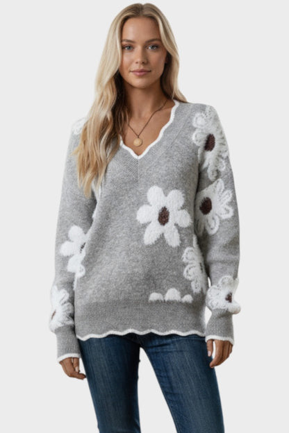 Thea | Grey Daisy Knit Jumper