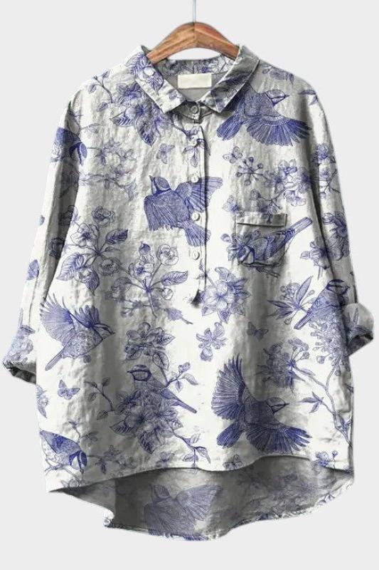 Thea | Blue Botanical Bird Print Shirt