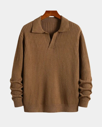 Thomas | Brown Open-Collar Knit Jumper