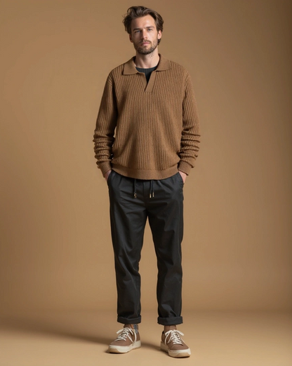 Thomas | Brown Open-Collar Knit Jumper