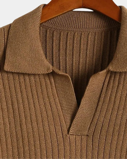 Thomas | Brown Open-Collar Knit Jumper