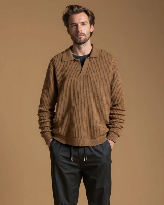 Thomas | Brown Open-Collar Knit Jumper