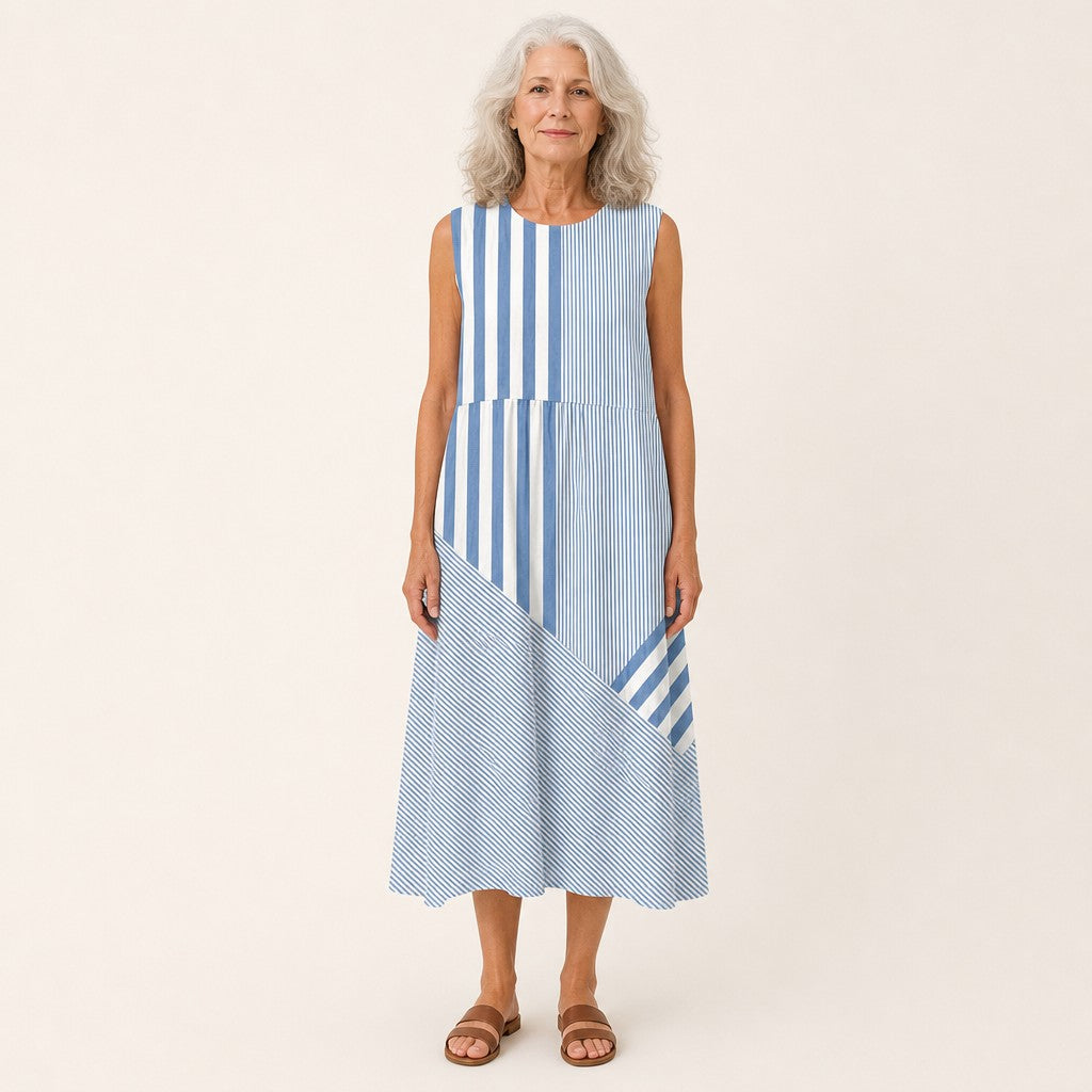 Dora | Blue & White Stripe Sleeveless Midi Dress