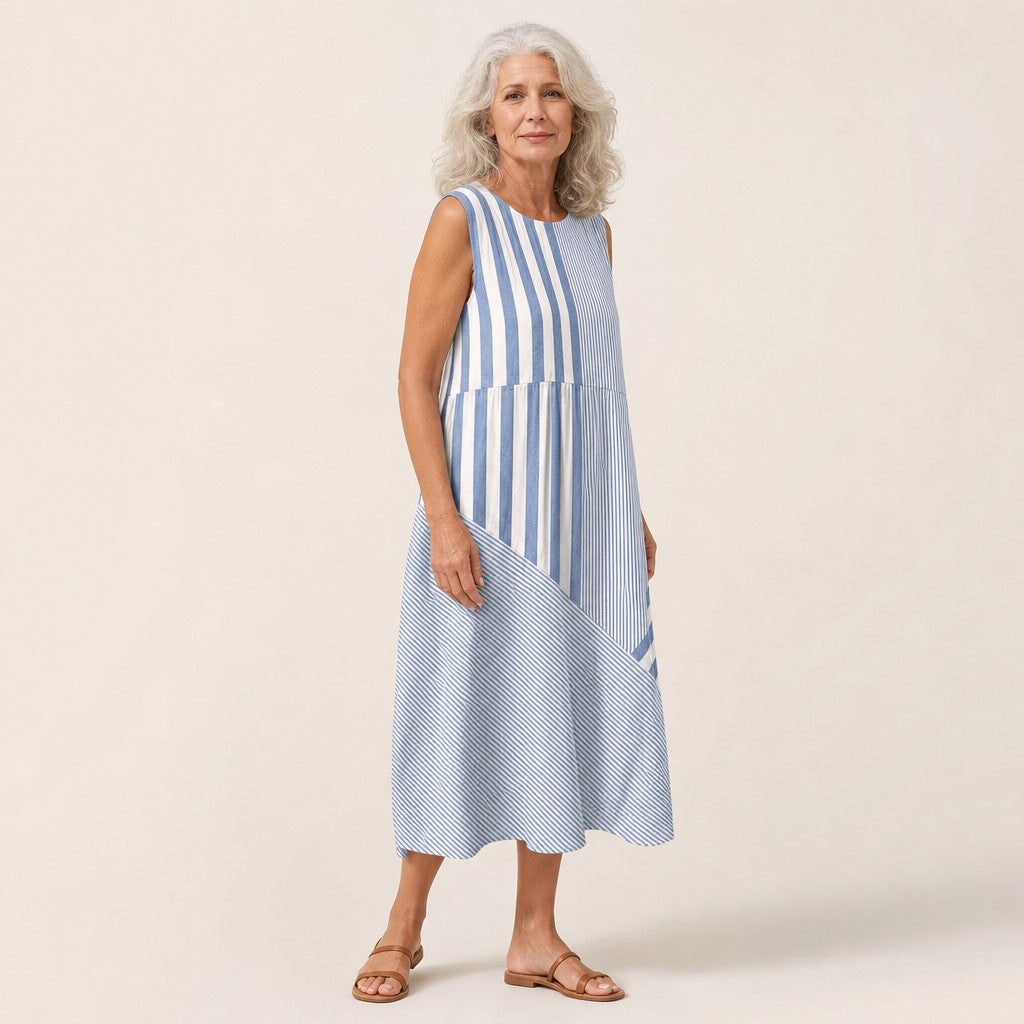 Dora | Blue & White Stripe Sleeveless Midi Dress
