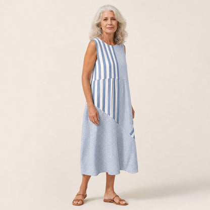 Dora | Blue & White Stripe Sleeveless Midi Dress