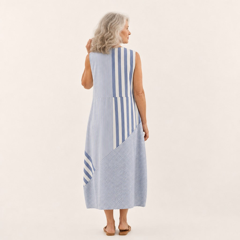 Dora | Blue & White Stripe Sleeveless Midi Dress