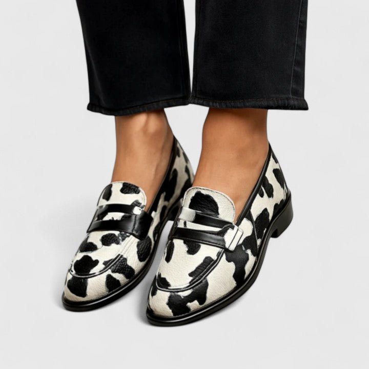 Trudy | Black & White Cow Print Loafers