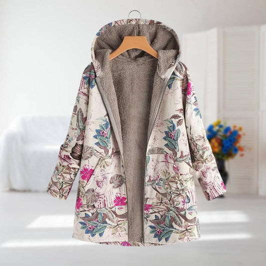 Sarah | Short Cream Floral Hooded Coat