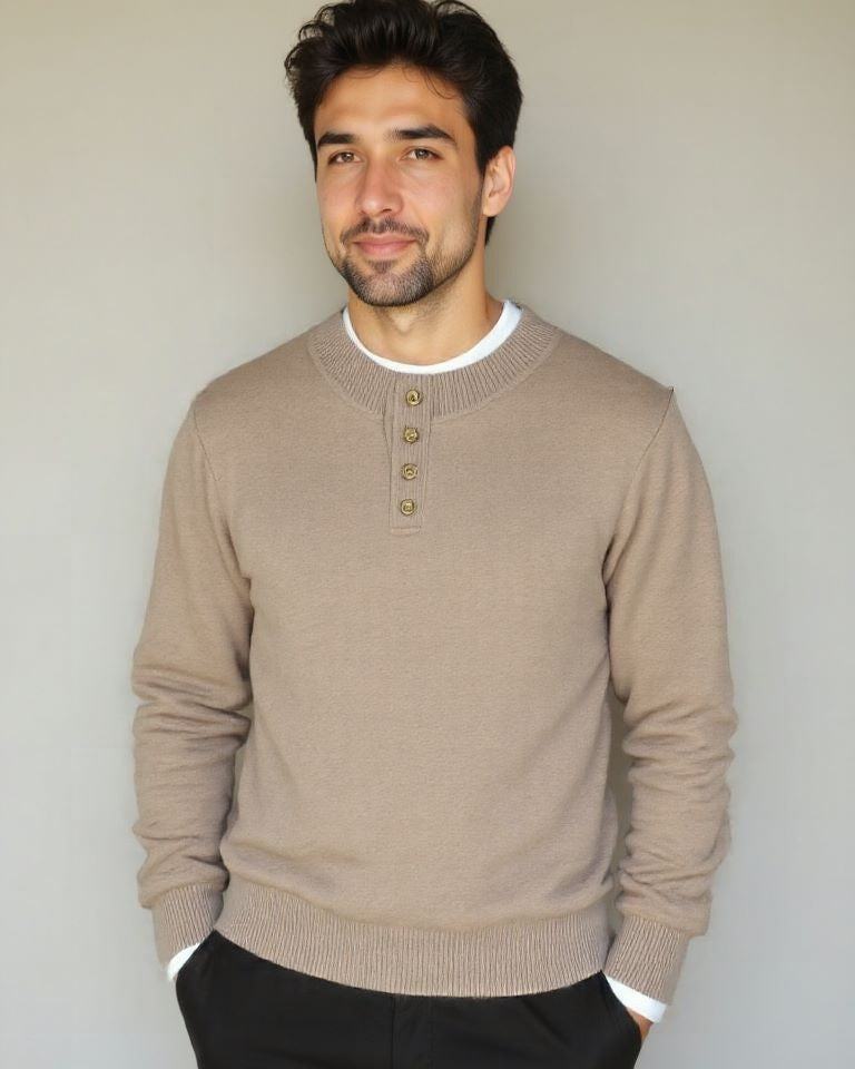 Vaughan | Beige Henley Knit Jumper
