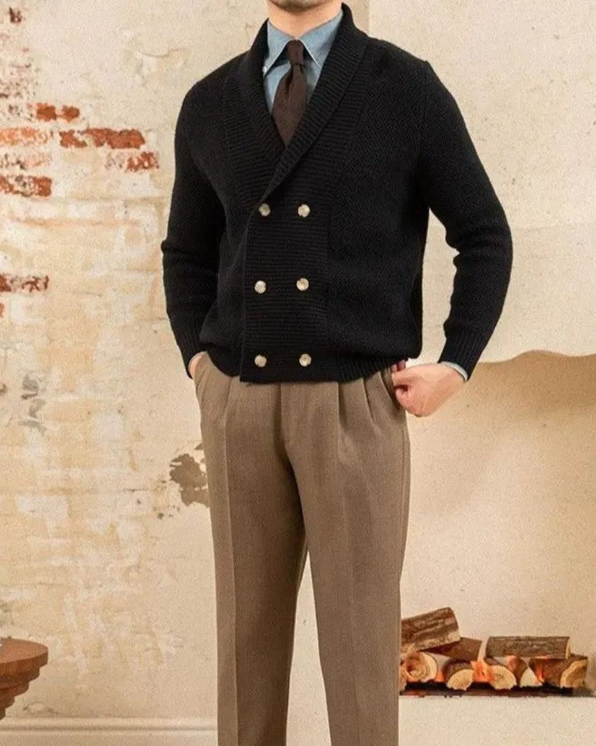 Victor | Beige Double-Breasted Shawl Cardigan