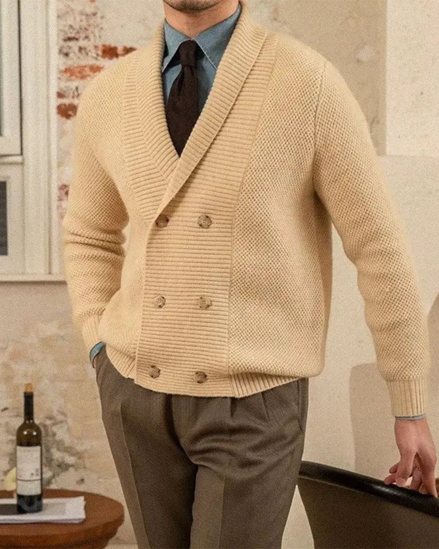 Victor | Beige Double-Breasted Shawl Cardigan