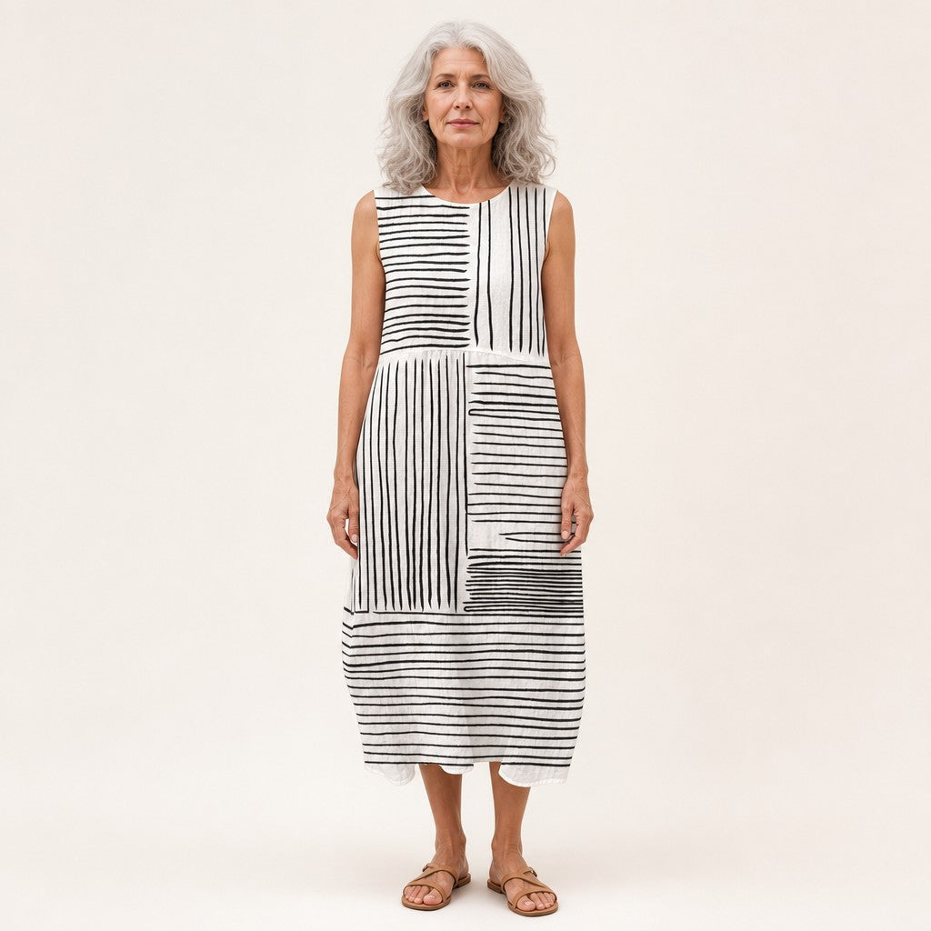 Monica | Black & White Stripe Panel Sleeveless Midi Dress