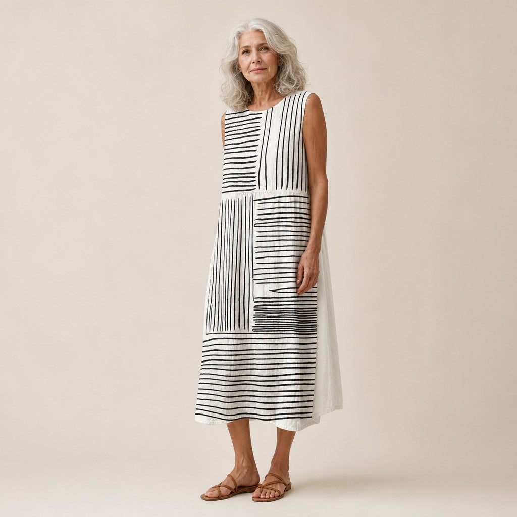Monica | Black & White Stripe Panel Sleeveless Midi Dress