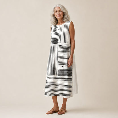 Monica | Black & White Stripe Panel Sleeveless Midi Dress