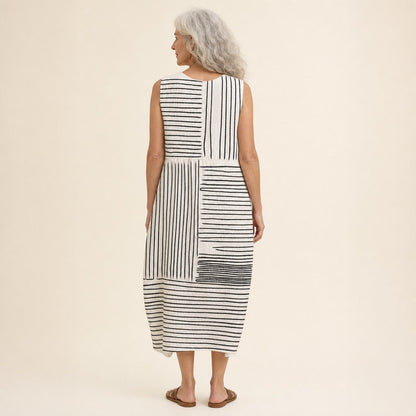 Monica | Black & White Stripe Panel Sleeveless Midi Dress