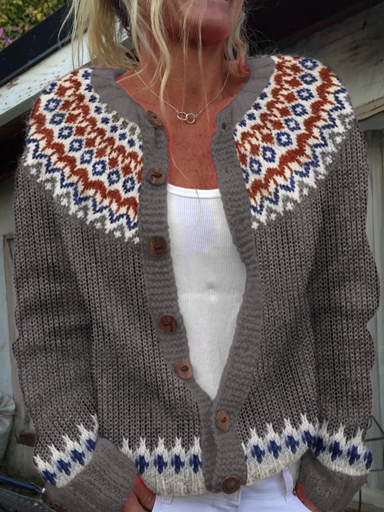 Paula | Taupe & Rust Patterned Cardigan