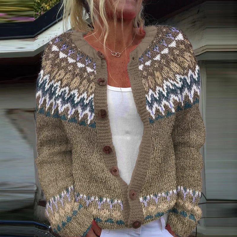 Pamela | Taupe & Blue Nordic-Inspired Cardigan