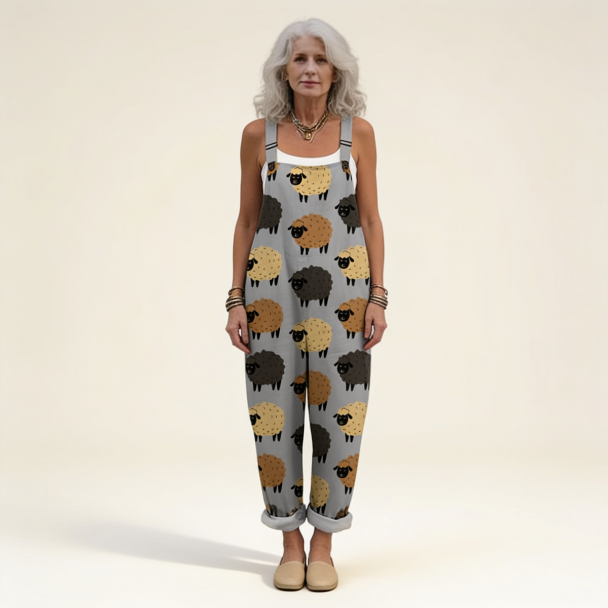 Julia | Grey Sheep Print Dungarees