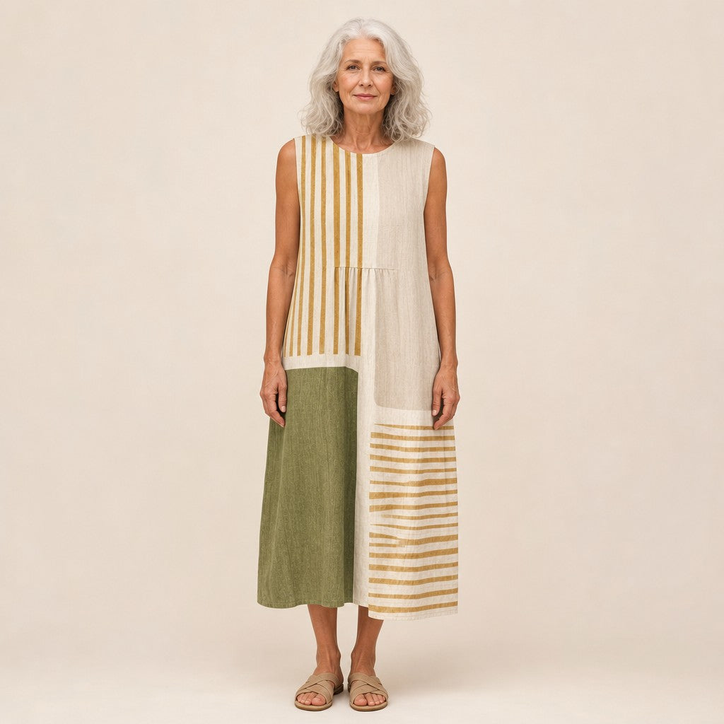 Paula | Olive & Beige Stripe Sleeveless Midi Dress