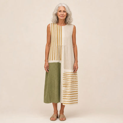Paula | Olive & Beige Stripe Sleeveless Midi Dress