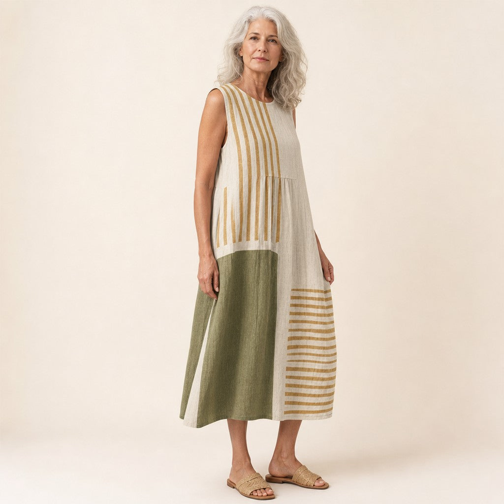 Paula | Olive & Beige Stripe Sleeveless Midi Dress