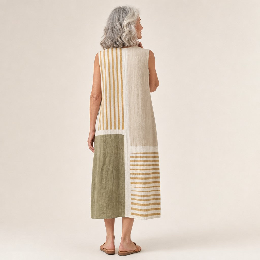 Paula | Olive & Beige Stripe Sleeveless Midi Dress