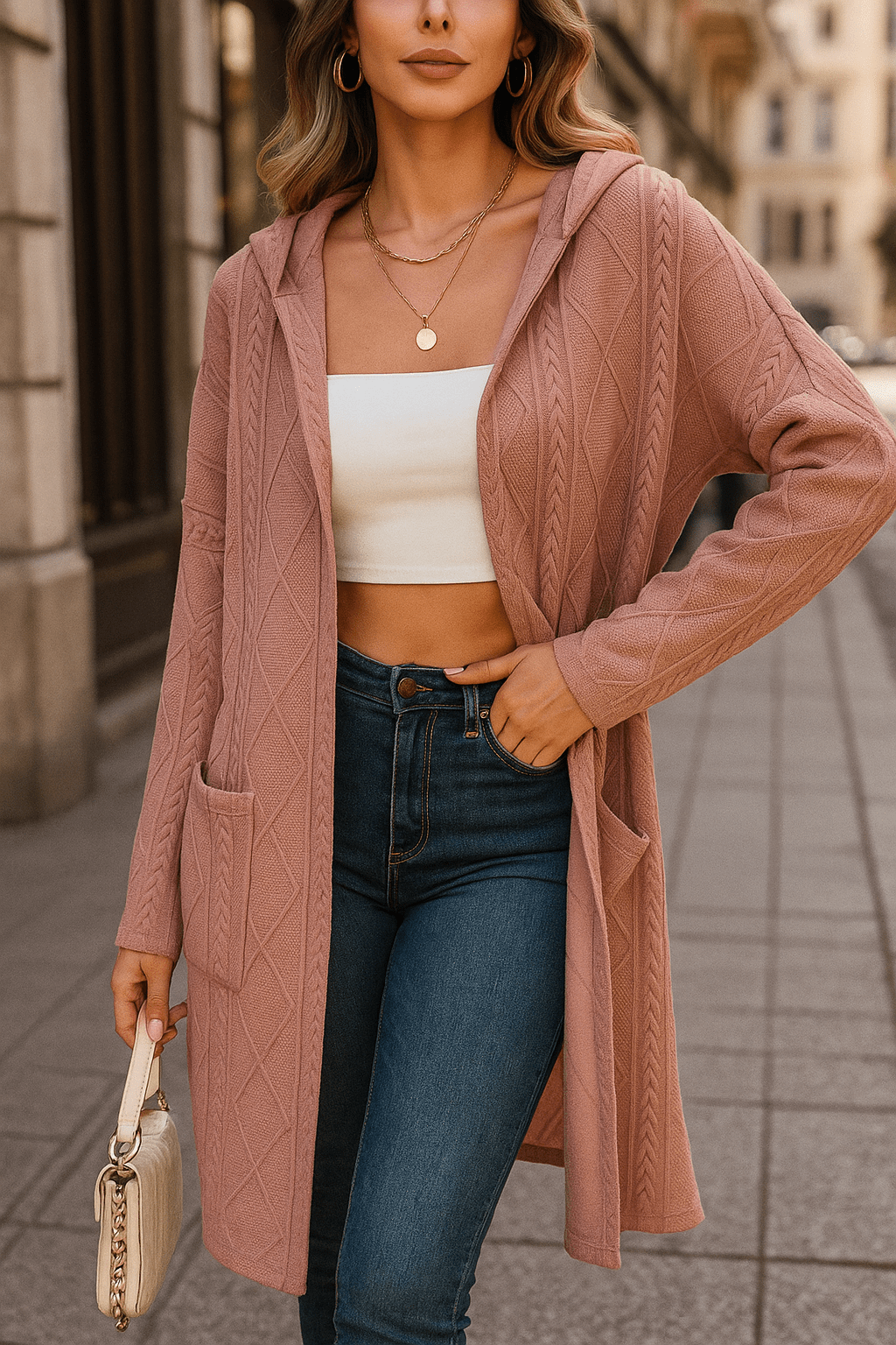 Zena | Long Cable-Knit Hooded Cardigan