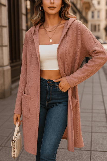 Zena | Long Cable-Knit Hooded Cardigan