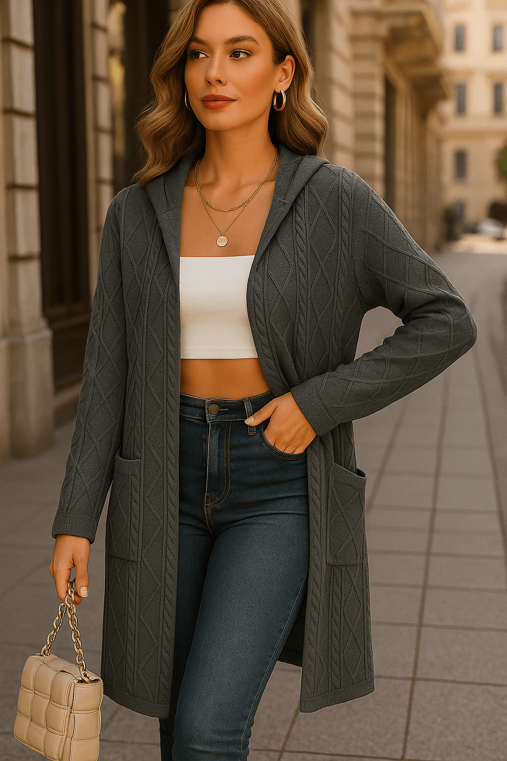 Zena | Long Cable-Knit Hooded Cardigan