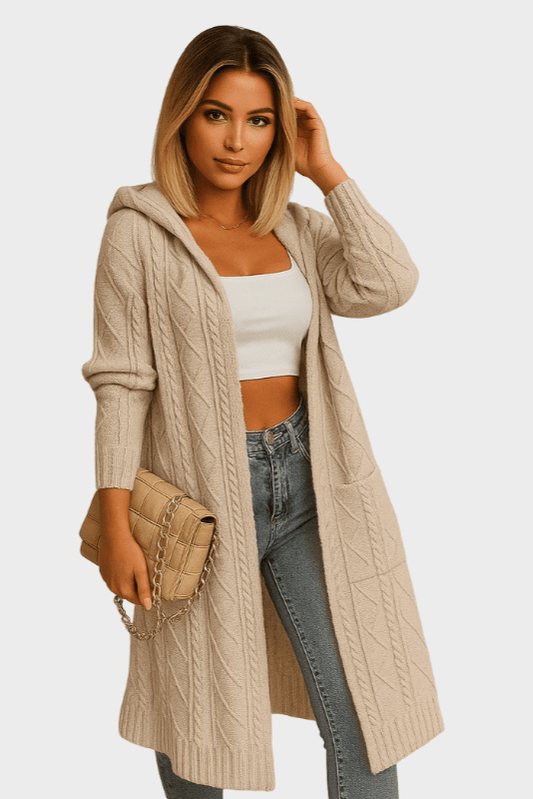 Zena | Long Cable-Knit Hooded Cardigan