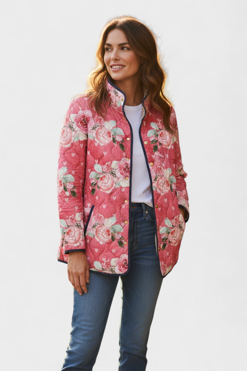 Rose | Pink Rose Print Quilted Jacket