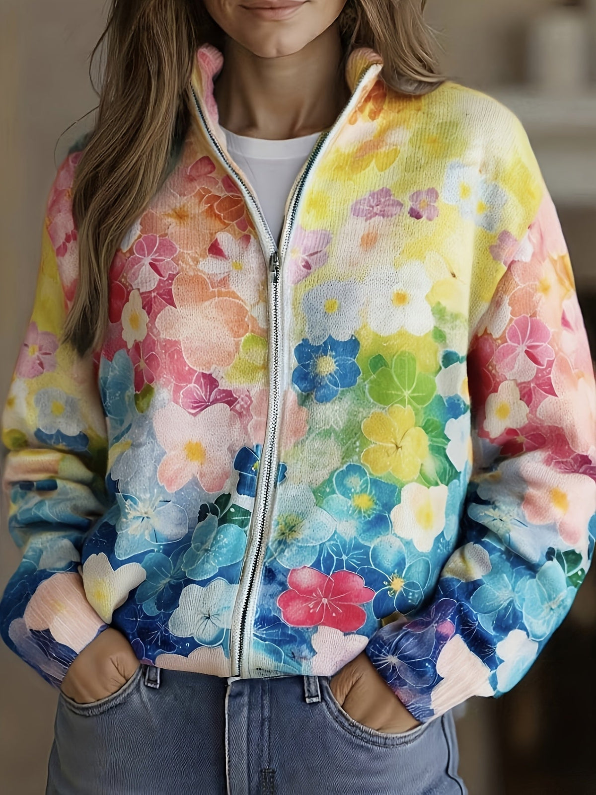 Ursula | Watercolour Floral Knitted Zip Cardigan