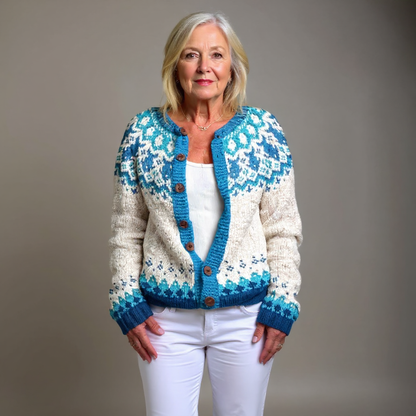 Julie | Cream & Turquoise Nordic-Inspired Cardigan