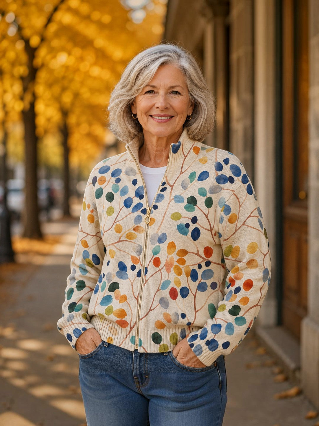 Ann | Colourful Leaf Knitted Zip Cardigan
