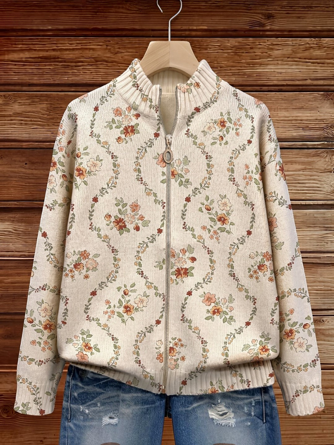 Iris | Delicate Floral Vine Knitted Zip Cardigan