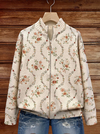 Iris | Delicate Floral Vine Knitted Zip Cardigan