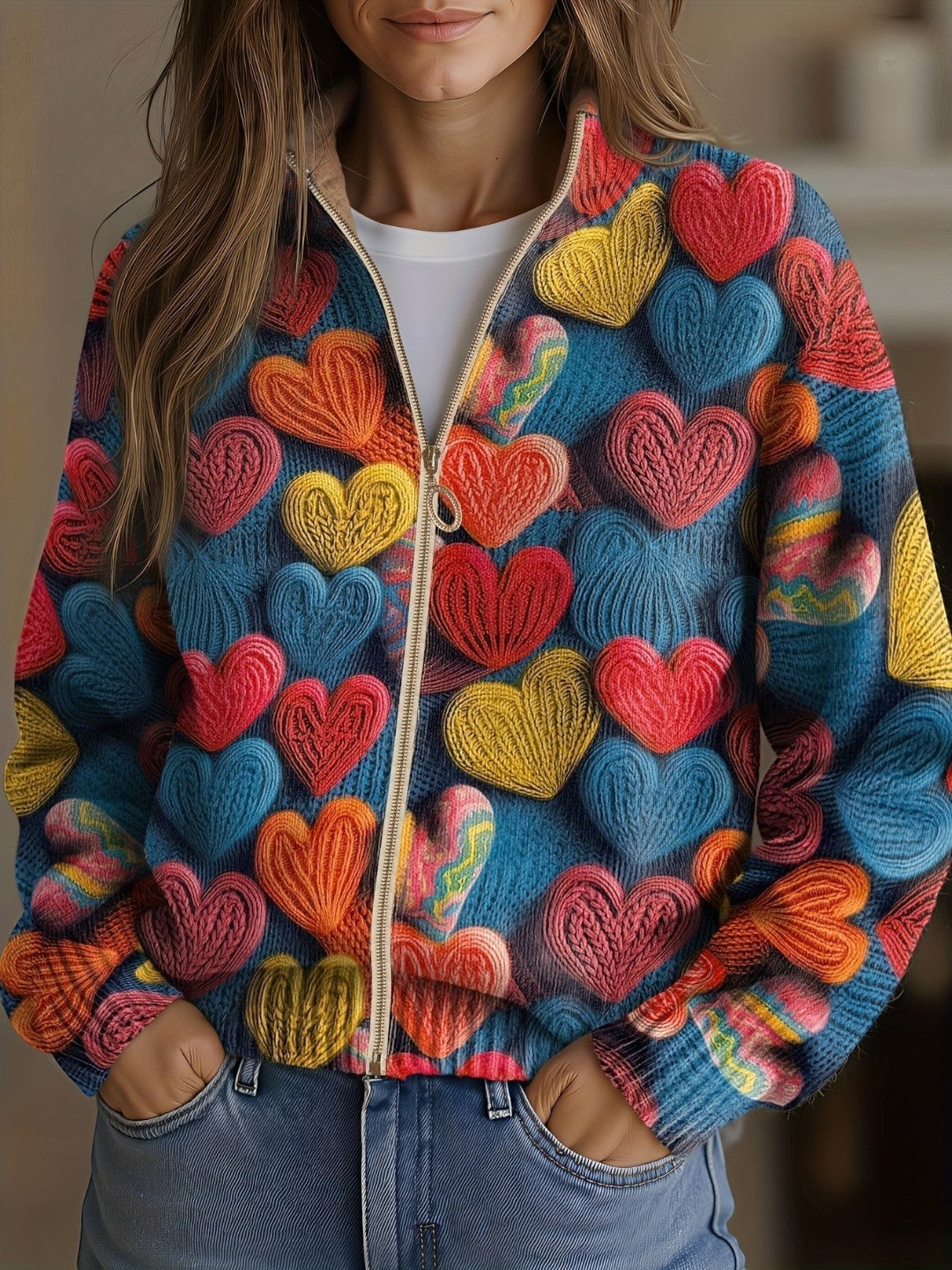 Suzanne | Colourful Heart Knitted Zip Cardigan