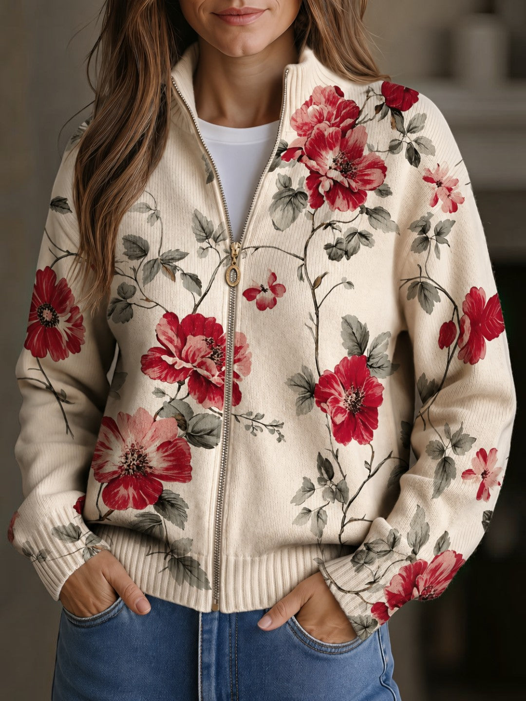 Monica | Vintage Red Rose Knitted Zip Cardigan