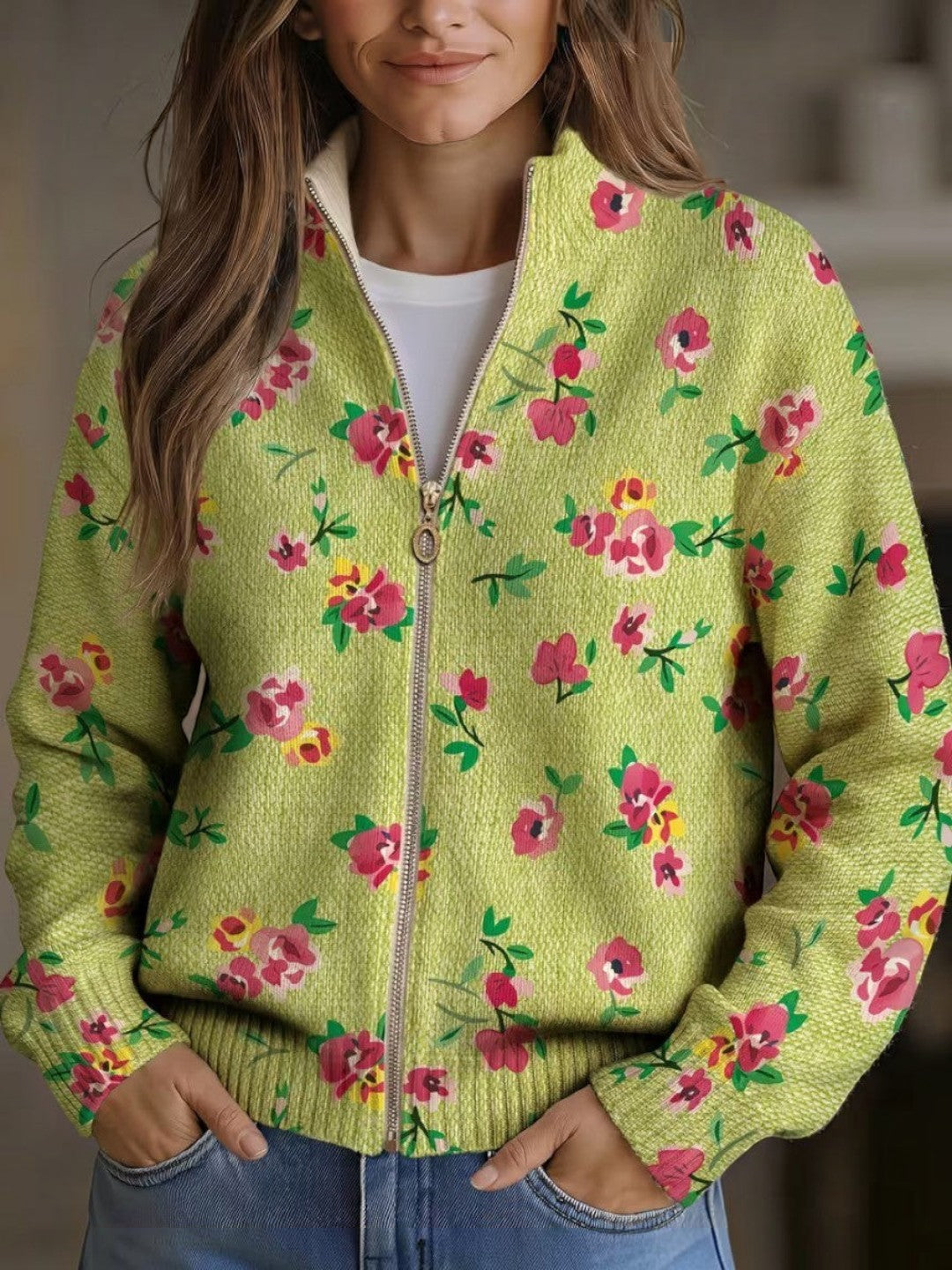 Esme | Green Floral Knitted Zip Cardigan