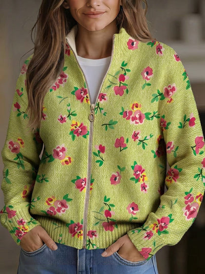 Esme | Green Floral Knitted Zip Cardigan
