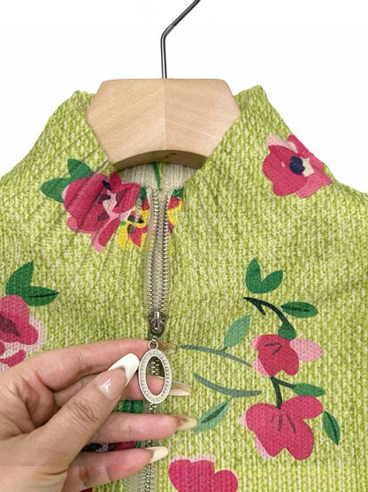 Esme | Green Floral Knitted Zip Cardigan
