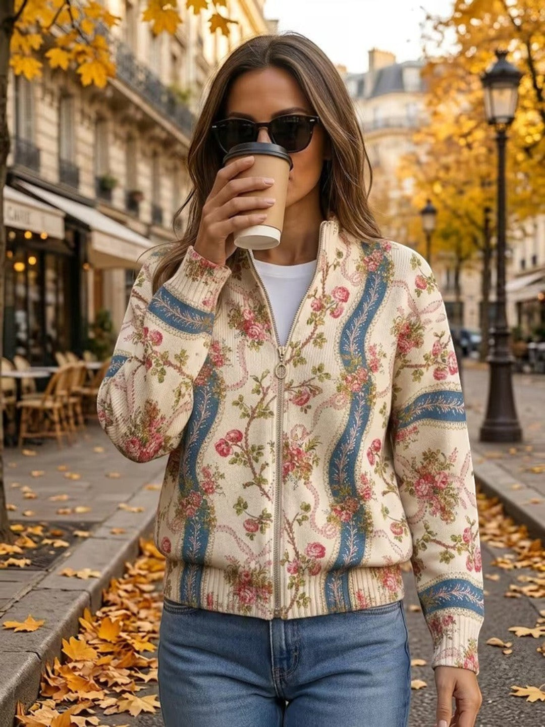 Sadie | Vintage Rose Print Knitted Zip Cardigan