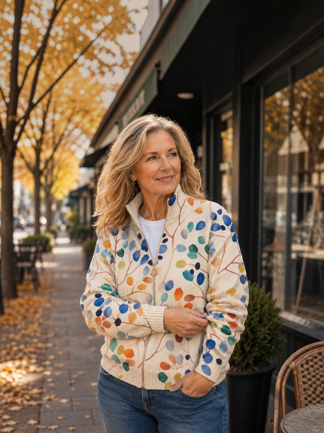 Ann | Colourful Leaf Knitted Zip Cardigan