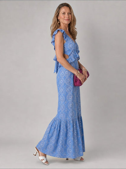 Susan | Blue Broderie Detail Maxi Dress