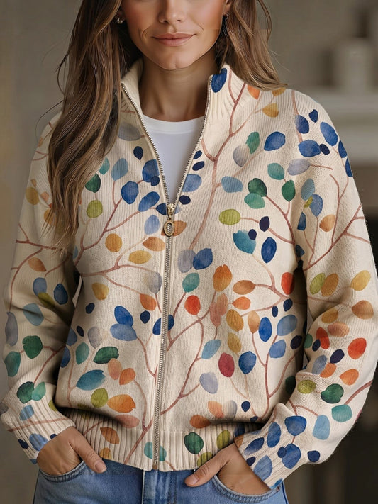 Ann | Colourful Leaf Knitted Zip Cardigan