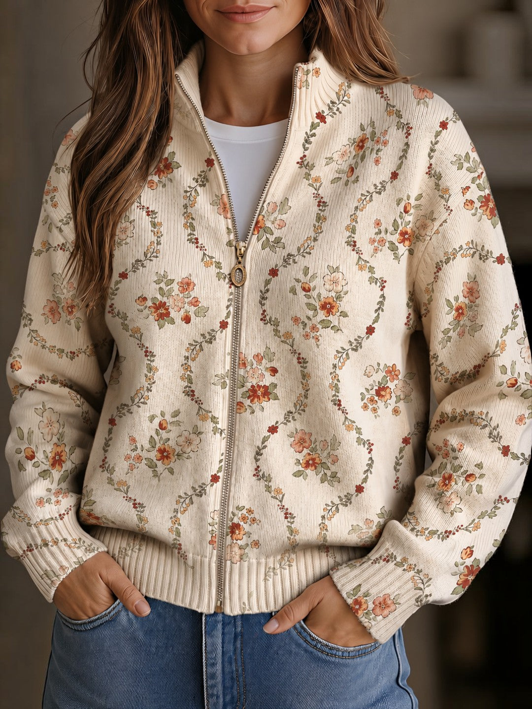 Iris | Delicate Floral Vine Knitted Zip Cardigan