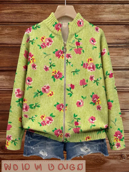 Esme | Green Floral Knitted Zip Cardigan